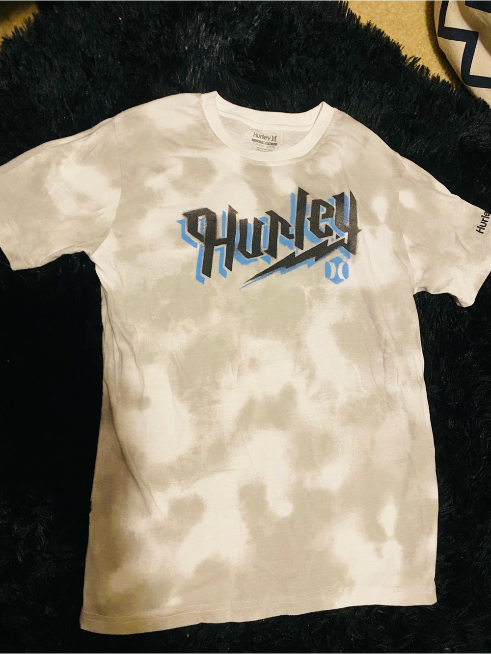 Hurley White Tie-Dye Tee with Blue and Black Logo
